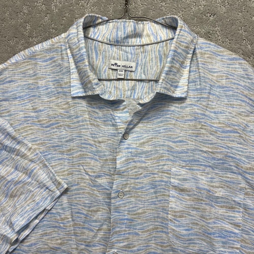 Peter Millar Shirt Mens XXL 100% Linen Short Sleeve Blue Wave Pattern Summer Sky